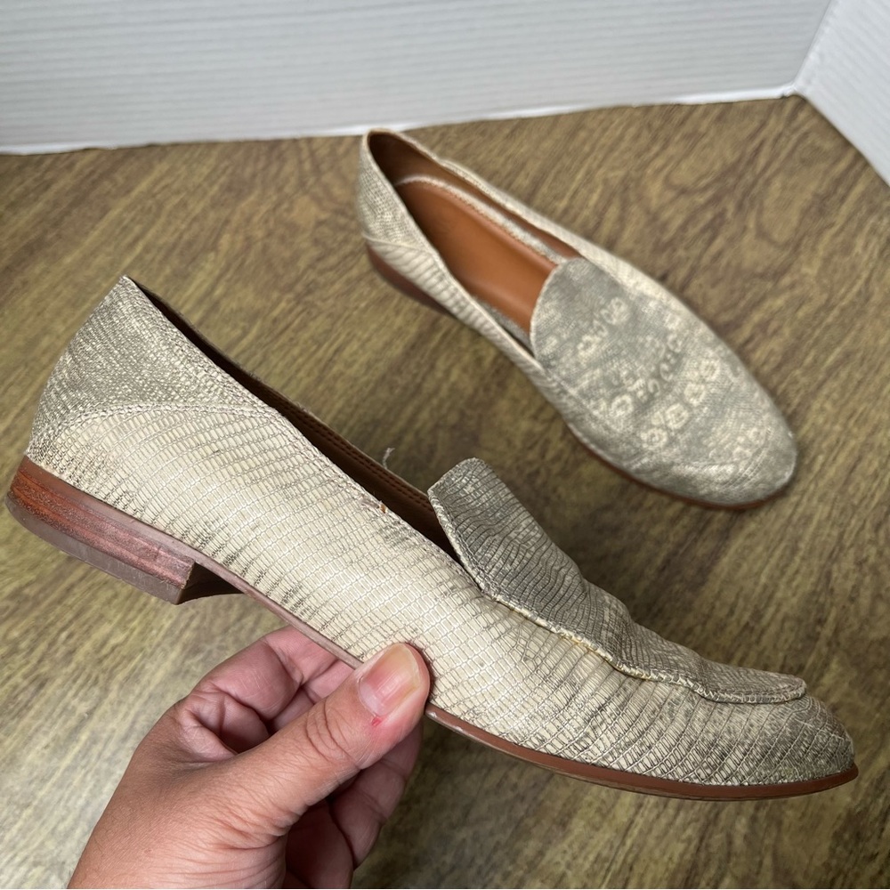 Franco Sarto Kristin Leather Sparkly Metallic Gold Snakeskin Loafers Size 8.5